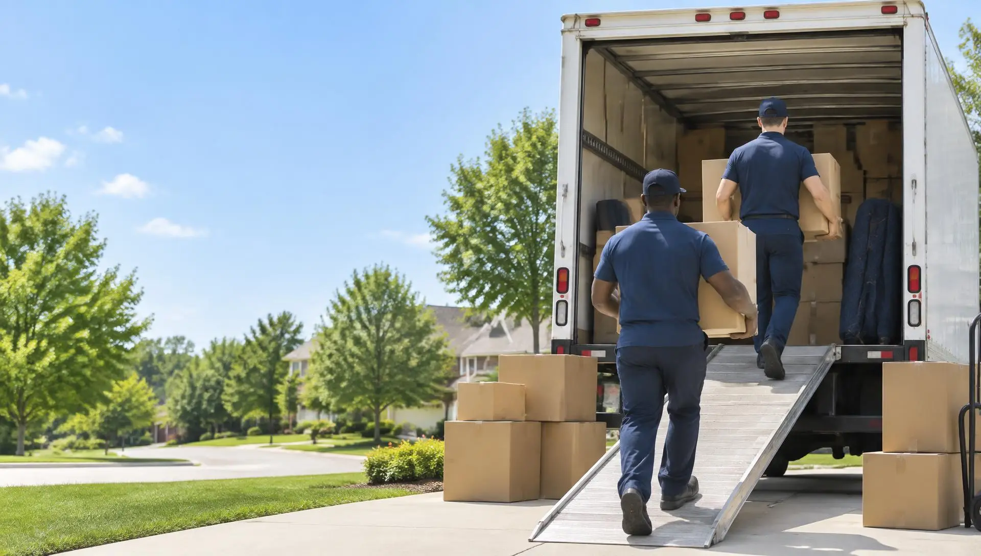 Movers loading boxes into a moving truck