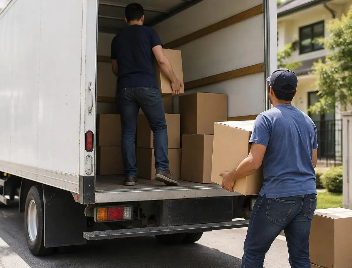 Helpers loading boxes into a rental truck
